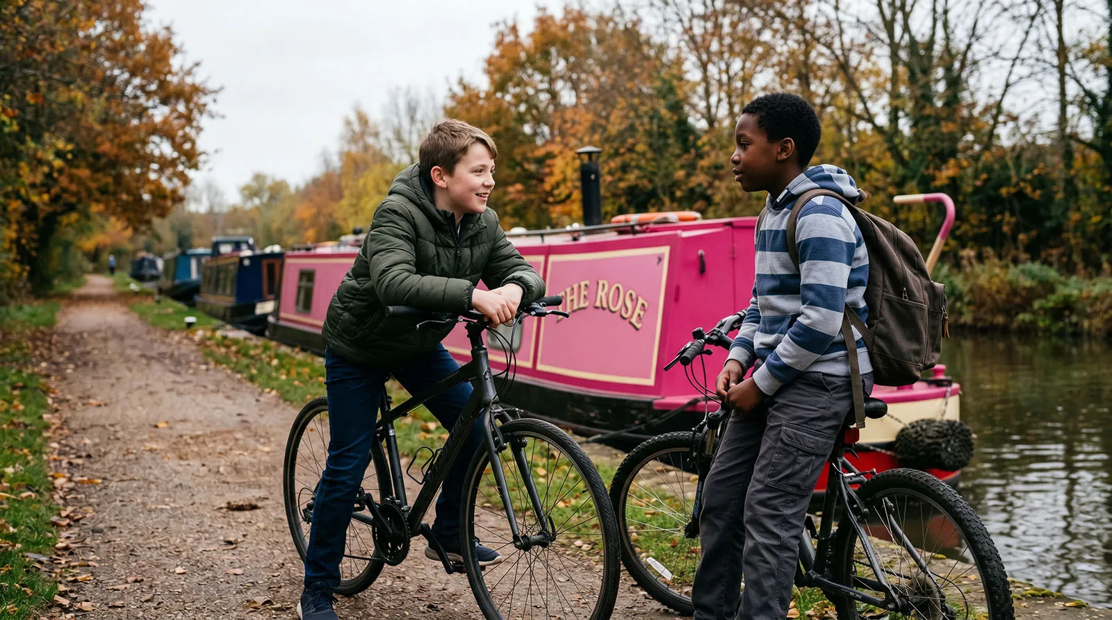 Two teenage boys laughing together with their bikes beside a colourful narrowboat on a Birmingham canal towpath in autumn, illustrating everyday community life across the West Midlands