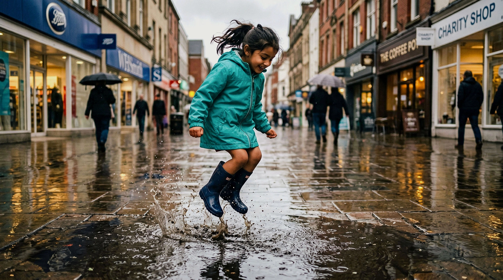 A young girl in a teal jacket laughing as she jumps in a puddle on a busy Birmingham high street, wearing navy wellington boots, with shoppers and familiar UK shops in the background