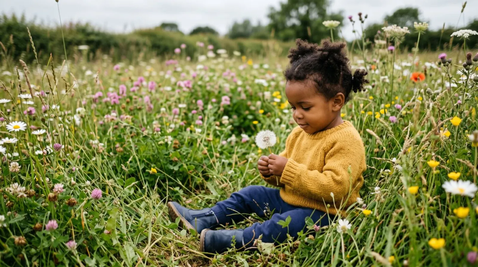 Young toddler in a mustard yellow jumper and navy jeans sitting in a Birmingham wildflower meadow, gently holding a dandelion clock surrounded by daisies, clover and buttercups