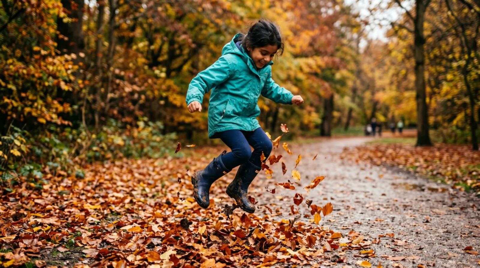 Smiling young girl in a teal raincoat and navy wellington boots joyfully jumping into a pile of orange autumn leaves on a woodland path