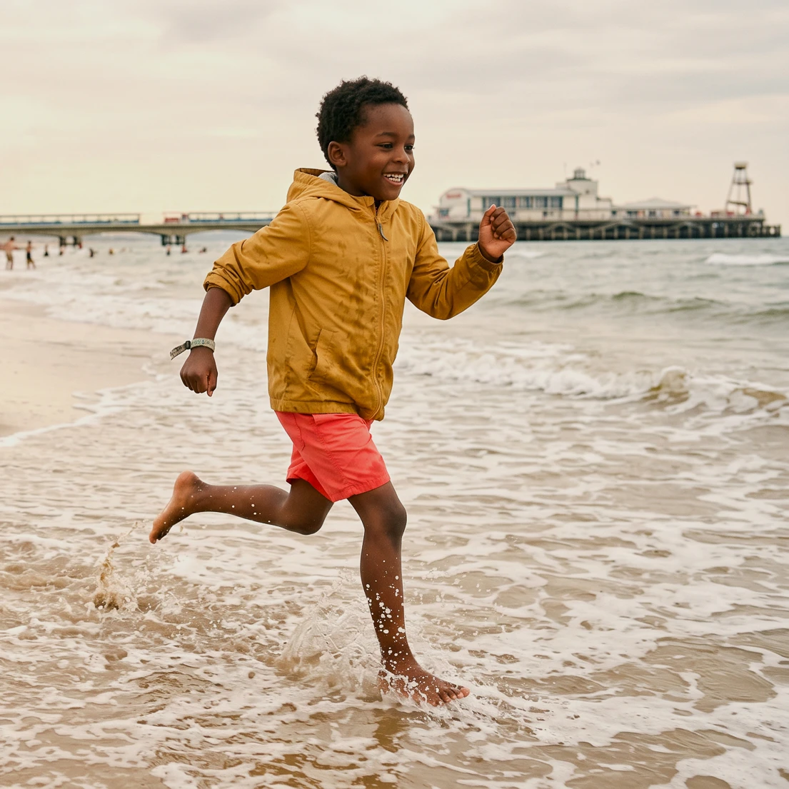 Young boy in a yellow hooded jacket and coral shorts running and laughing through the waves on a busy beach, with a pier and seafront buildings in the background