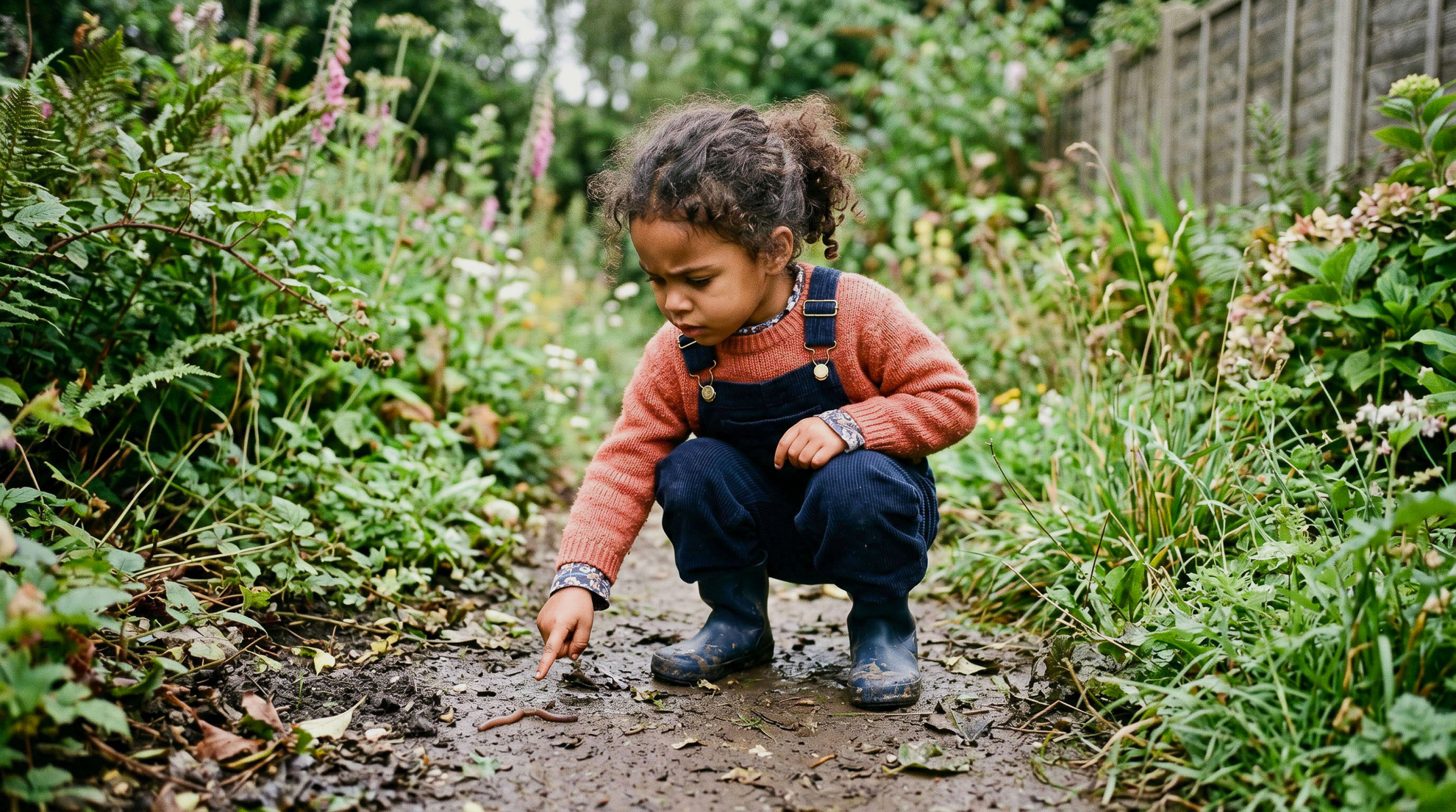 A young girl in a coral jumper and navy dungarees crouching in a lush garden, curiously exploring the ground among green plants and foxgloves
