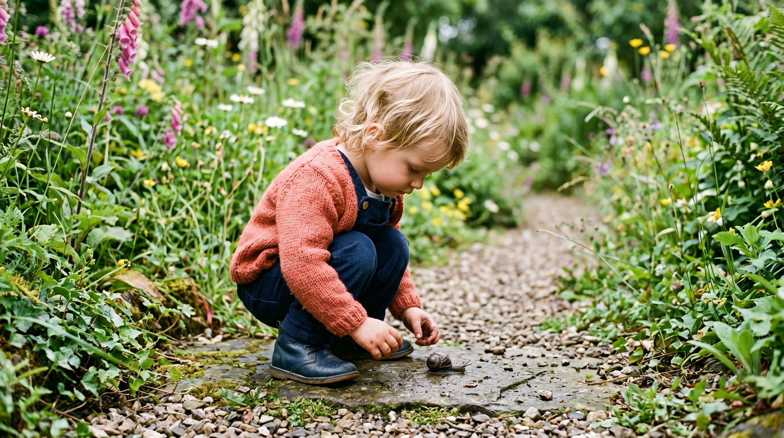 Young child with blonde curly hair in a coral jumper and navy dungarees, crouching on a garden path to look closely at a snail, surrounded by foxgloves and wildflowers