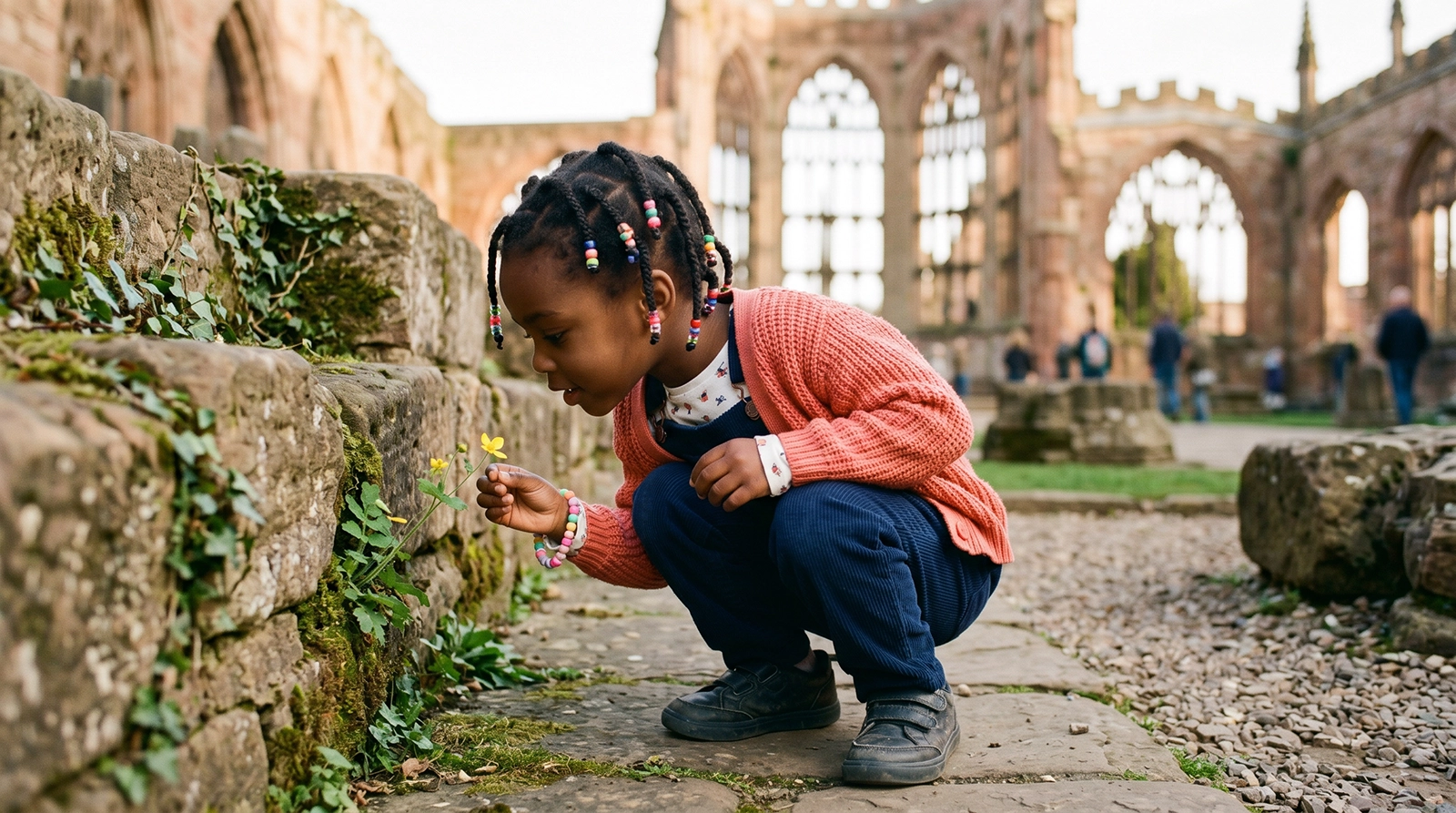 Young girl with colourful beaded braids crouching to examine a tiny yellow flower growing from an ancient mossy stone wall at Coventry Cathedral ruins, with the iconic Gothic windows visible in the background