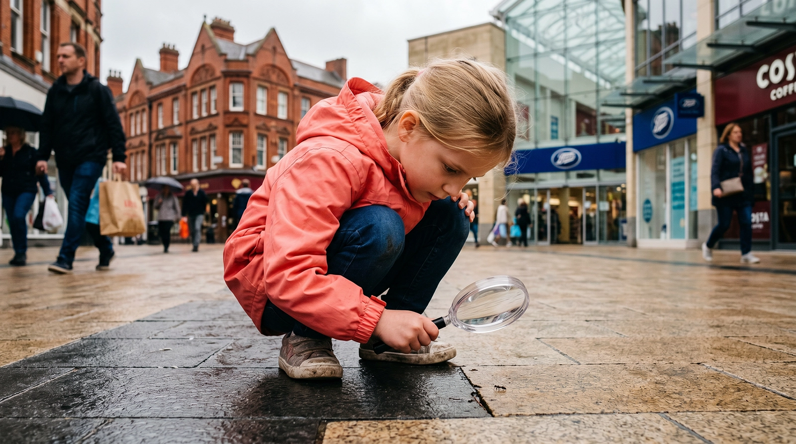 Young girl in a coral pink jacket crouching with a magnifying glass on wet pavement in Coventry city centre, with Boots and Costa Coffee visible in the busy shopping street behind her