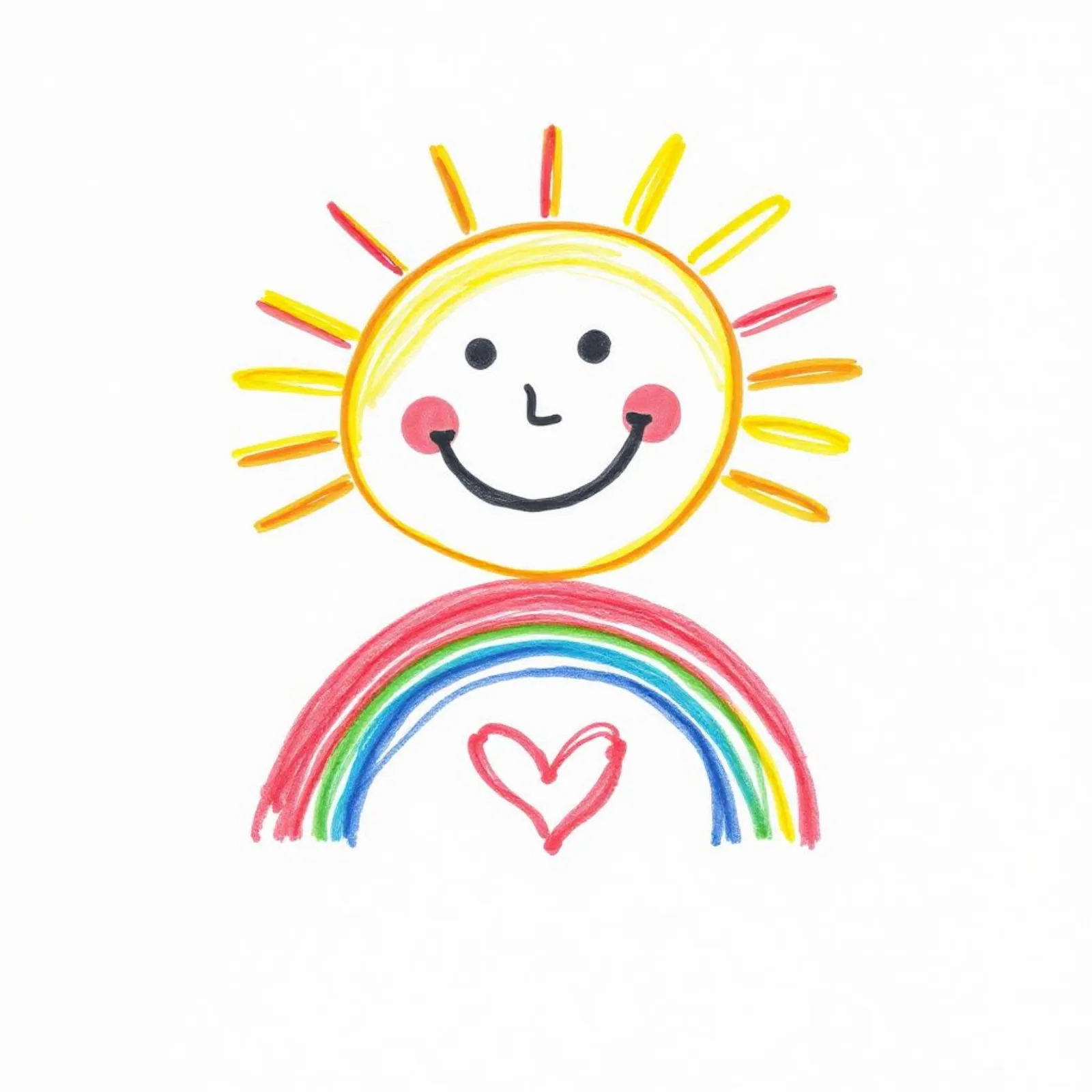 Child's crayon drawing of a smiling sun above a rainbow with a small red heart