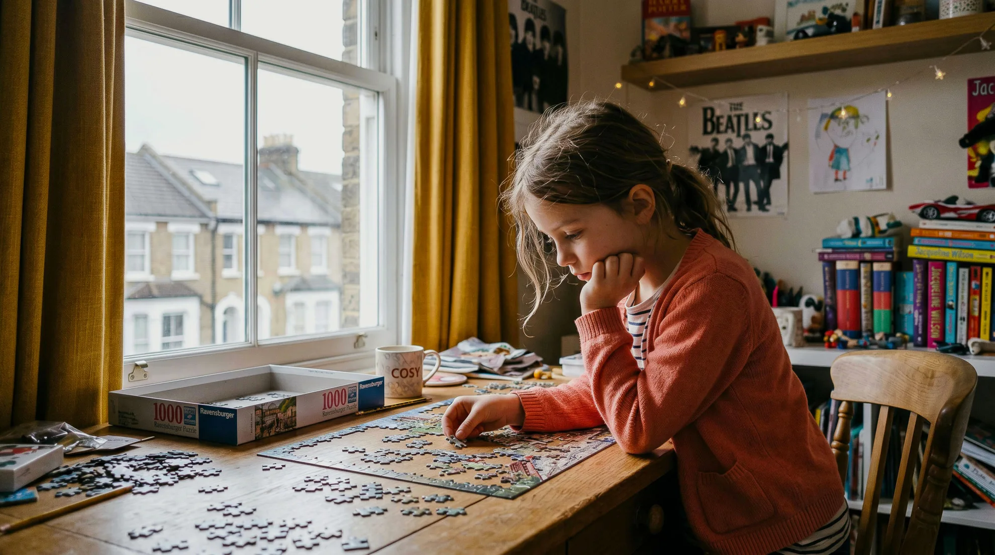 A young girl concentrating on a jigsaw puzzle at a bedroom desk, surrounded by books, posters and fairy lights