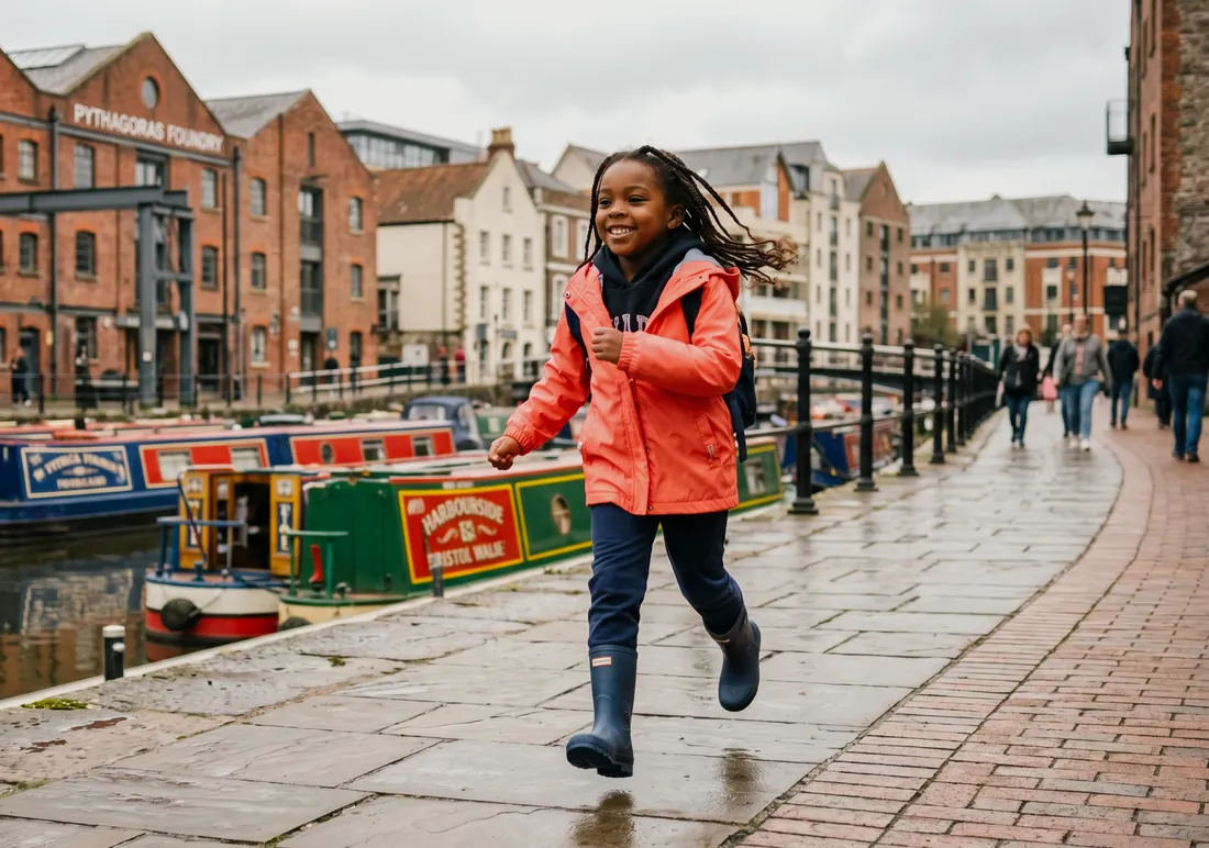 A young girl in a coral raincoat runs happily along Bristol's harbourside, with colourful narrowboats and the city's waterfront buildings behind her
