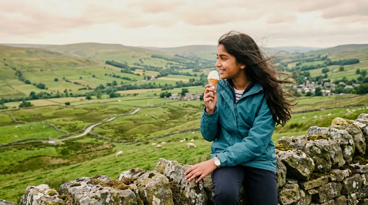 A girl in a teal jacket enjoys an ice cream while sitting on a dry stone wall overlooking a green valley in the Yorkshire Dales