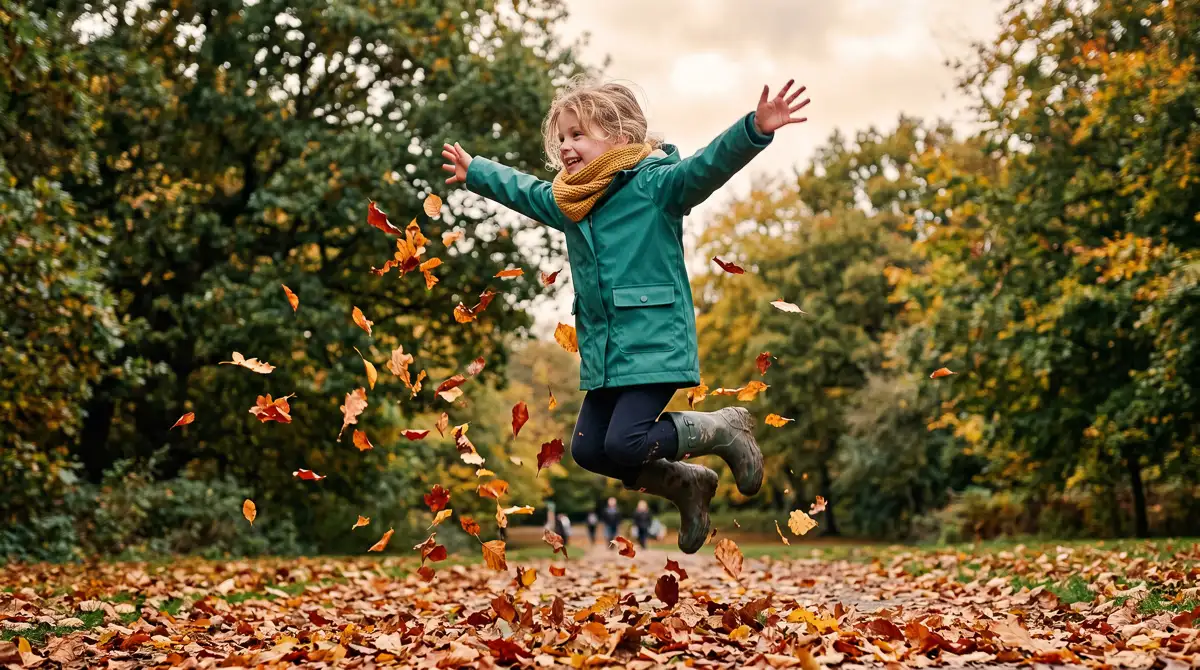 A young girl in a teal jacket leaping joyfully through a swirl of golden autumn leaves in a park, arms outstretched and smiling