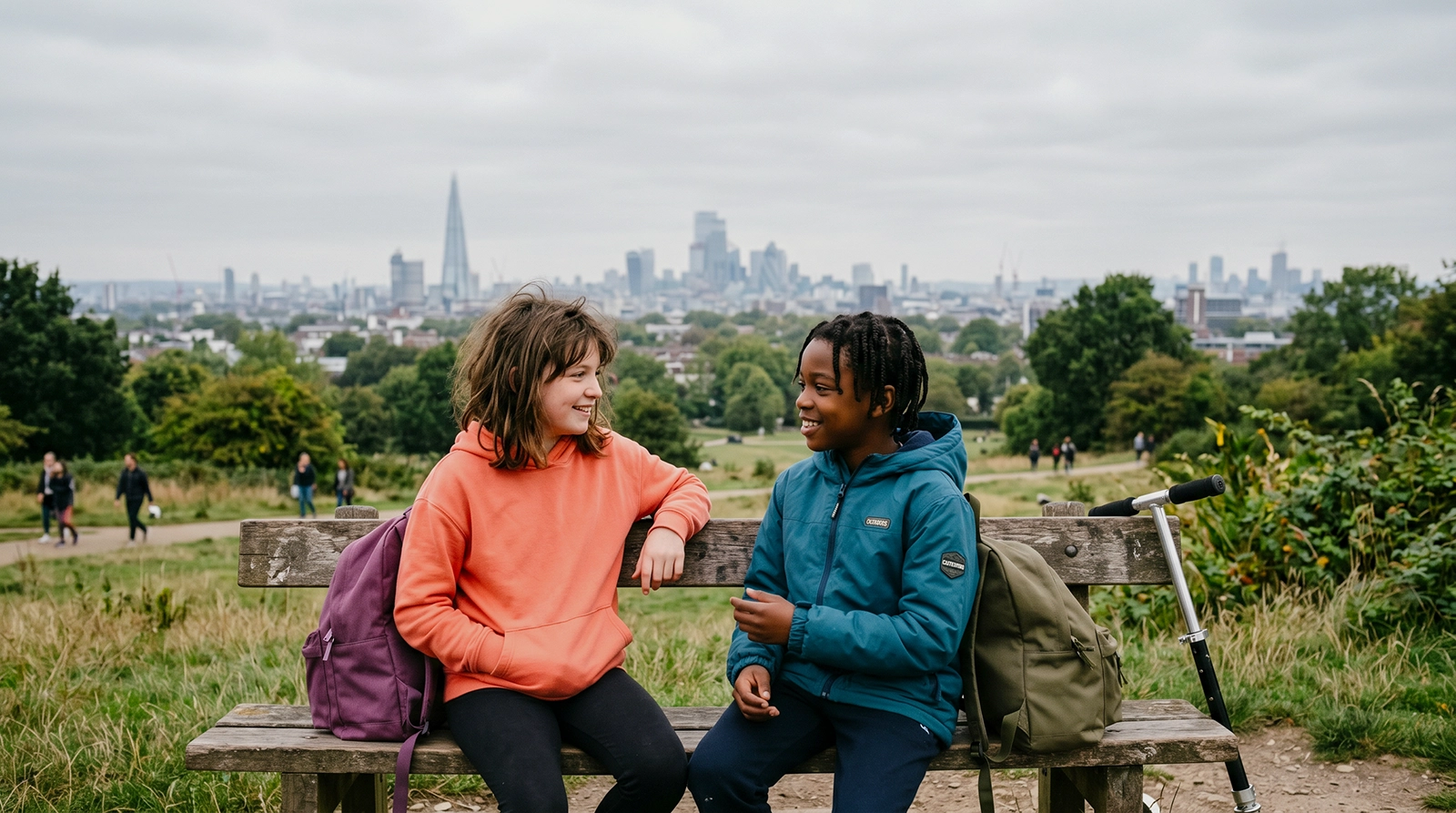 Two children sitting together on a bench with the London skyline visible behind them