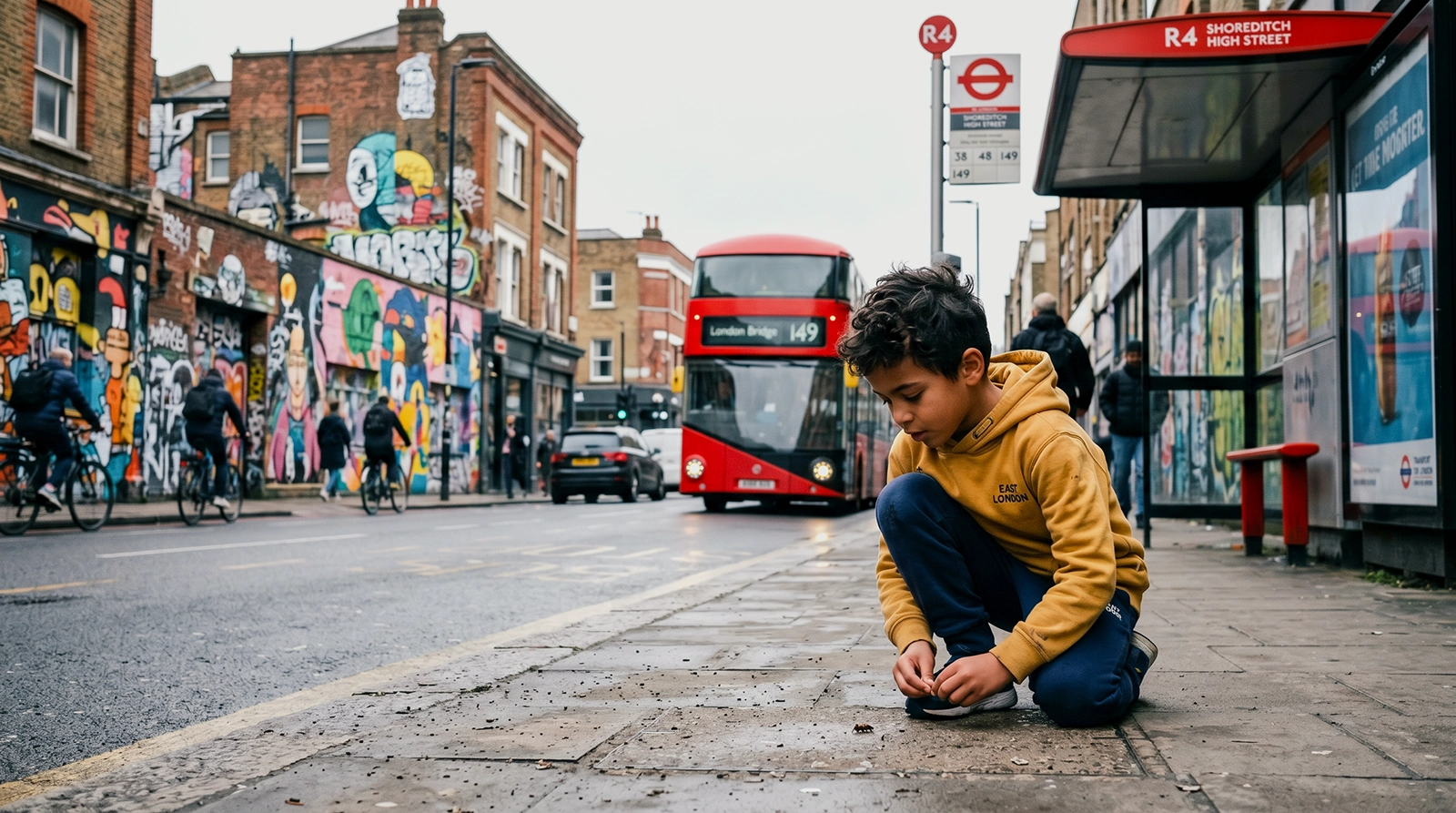A boy in a yellow East London hoodie crouching on the pavement at Shoreditch High Street bus stop, with a red double-decker London bus and colourful street art murals in the background