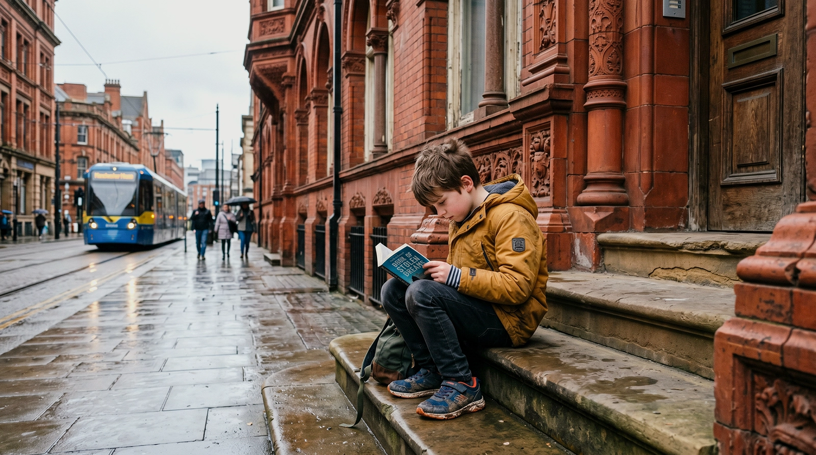 A boy in a mustard yellow jacket reading a book on stone steps in Manchester city centre, with the Metrolink tram and red-brick Victorian buildings in the background