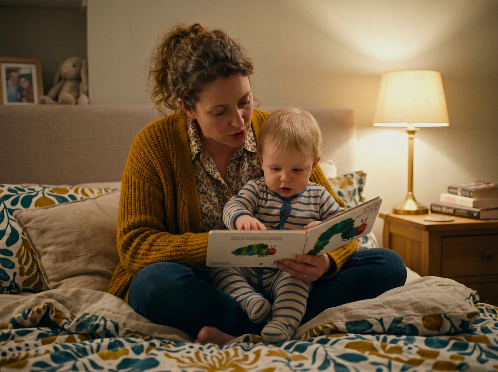 A mother in a mustard cardigan reads The Very Hungry Caterpillar to a baby in striped pyjamas, sitting together on a bed in a warm, lamp-lit bedroom