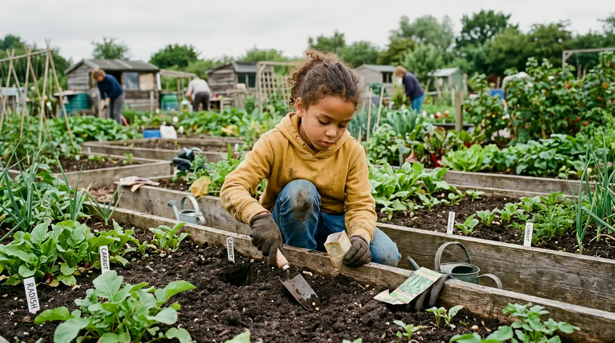 A young girl in a mustard hoodie and muddy gardening gloves kneels at a raised bed on a community allotment, digging with a trowel among rows of vegetables