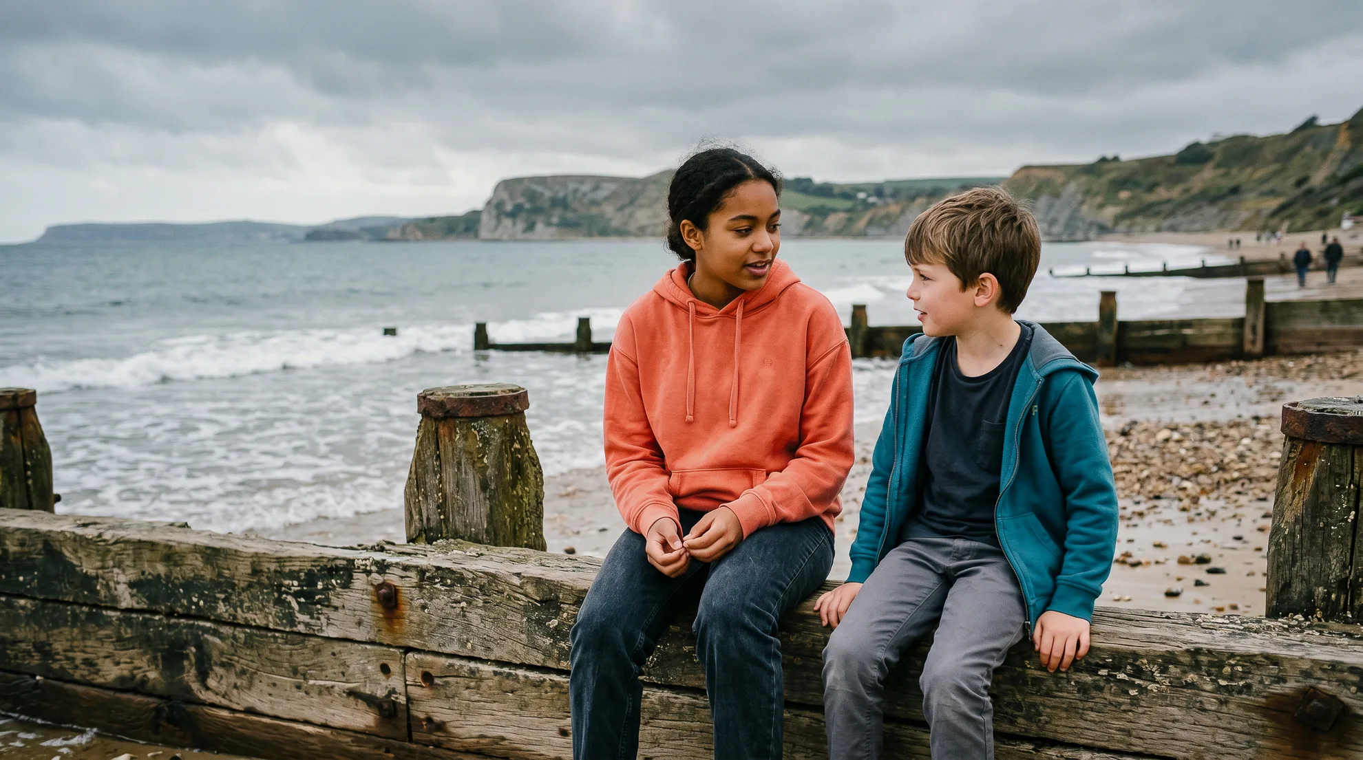 A teenage girl and boy sitting together on a wooden sea groyne, chatting on a beach with dramatic coastal cliffs behind them