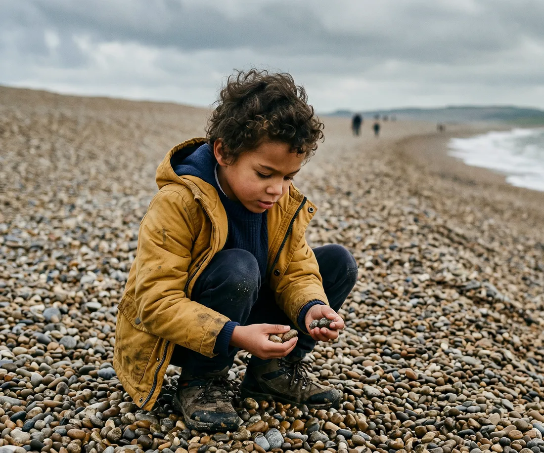 A boy in a mustard jacket crouches on a pebble beach, studying small stones in his hands