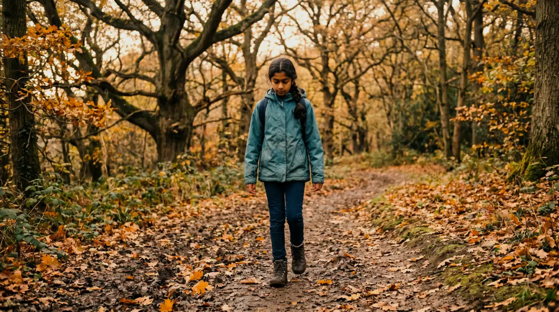 A girl in a teal raincoat walking along a leafy woodland path in autumn
