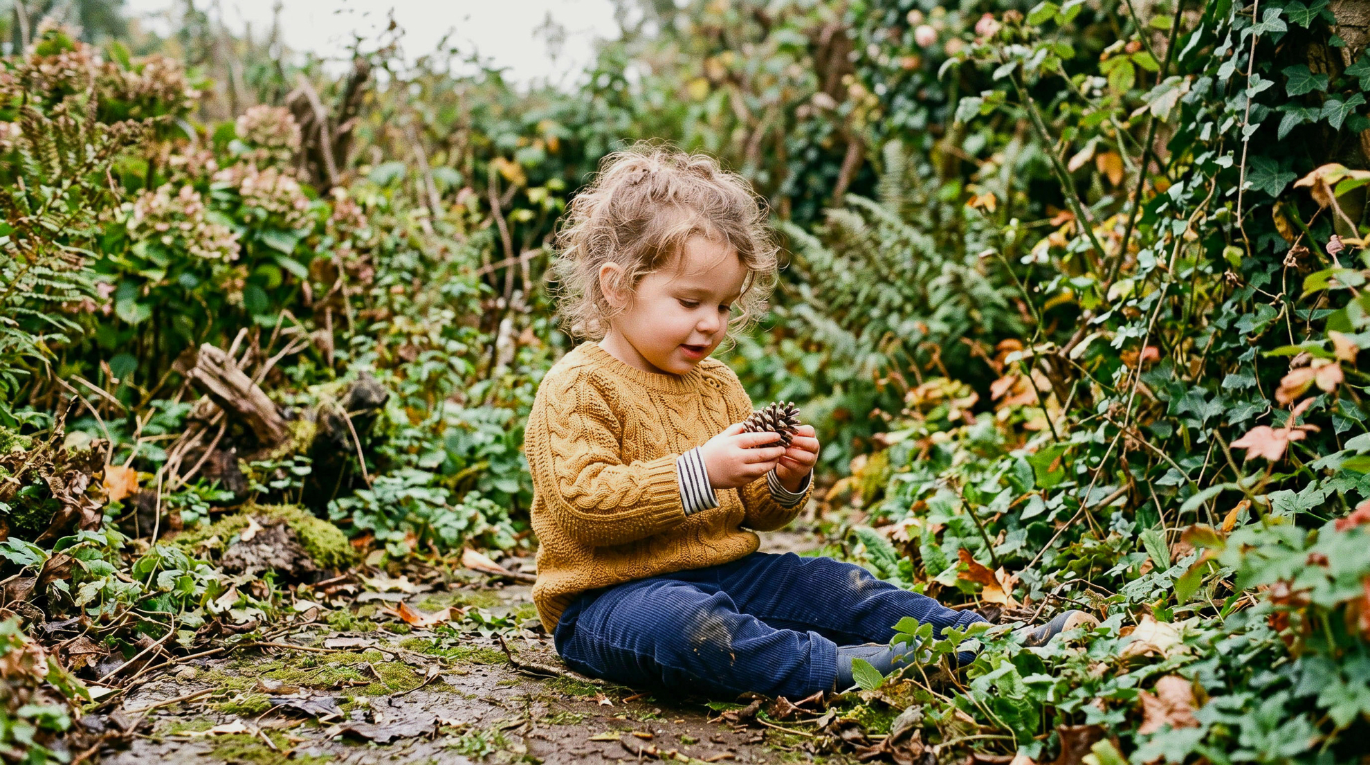 Young toddler in a mustard yellow cable-knit jumper sitting on a woodland path, concentrating intently as she examines a pine cone, surrounded by lush green ferns and autumn ivy