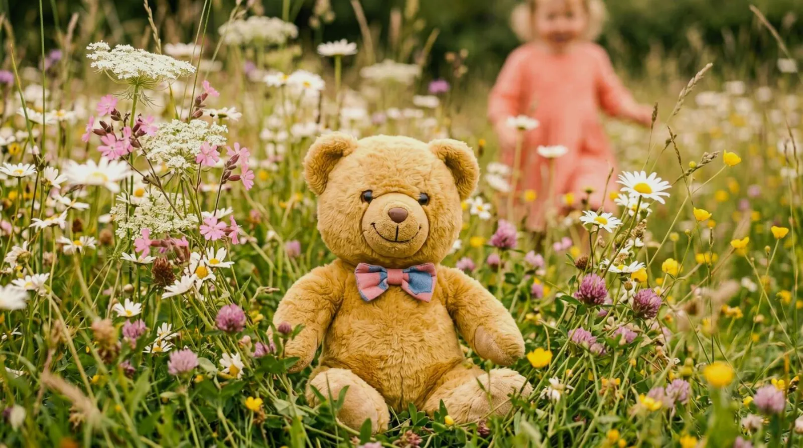 Golden-brown teddy bear with a pink and blue bow tie sitting in a sunlit summer meadow of daisies and wildflowers, with a young child in a coral dress playing in the background