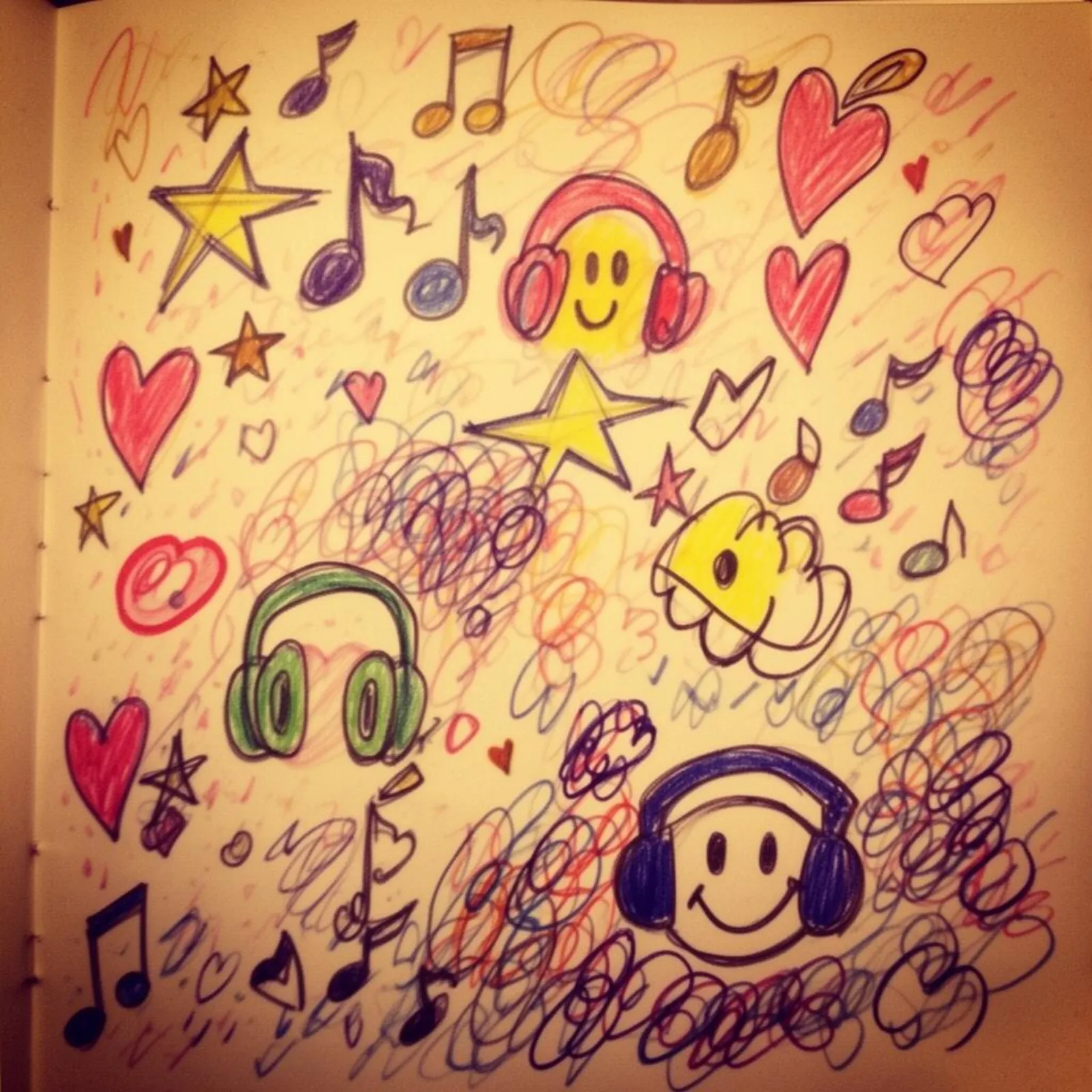 Sketchbook page of teenage doodles — stars, hearts, music notes and headphones