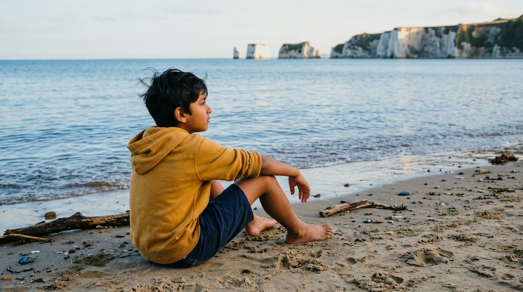 Young boy in a mustard yellow hoodie sitting alone on a quiet beach, arms wrapped around his knees, gazing out across calm water towards distant white chalk cliffs and sea stacks
