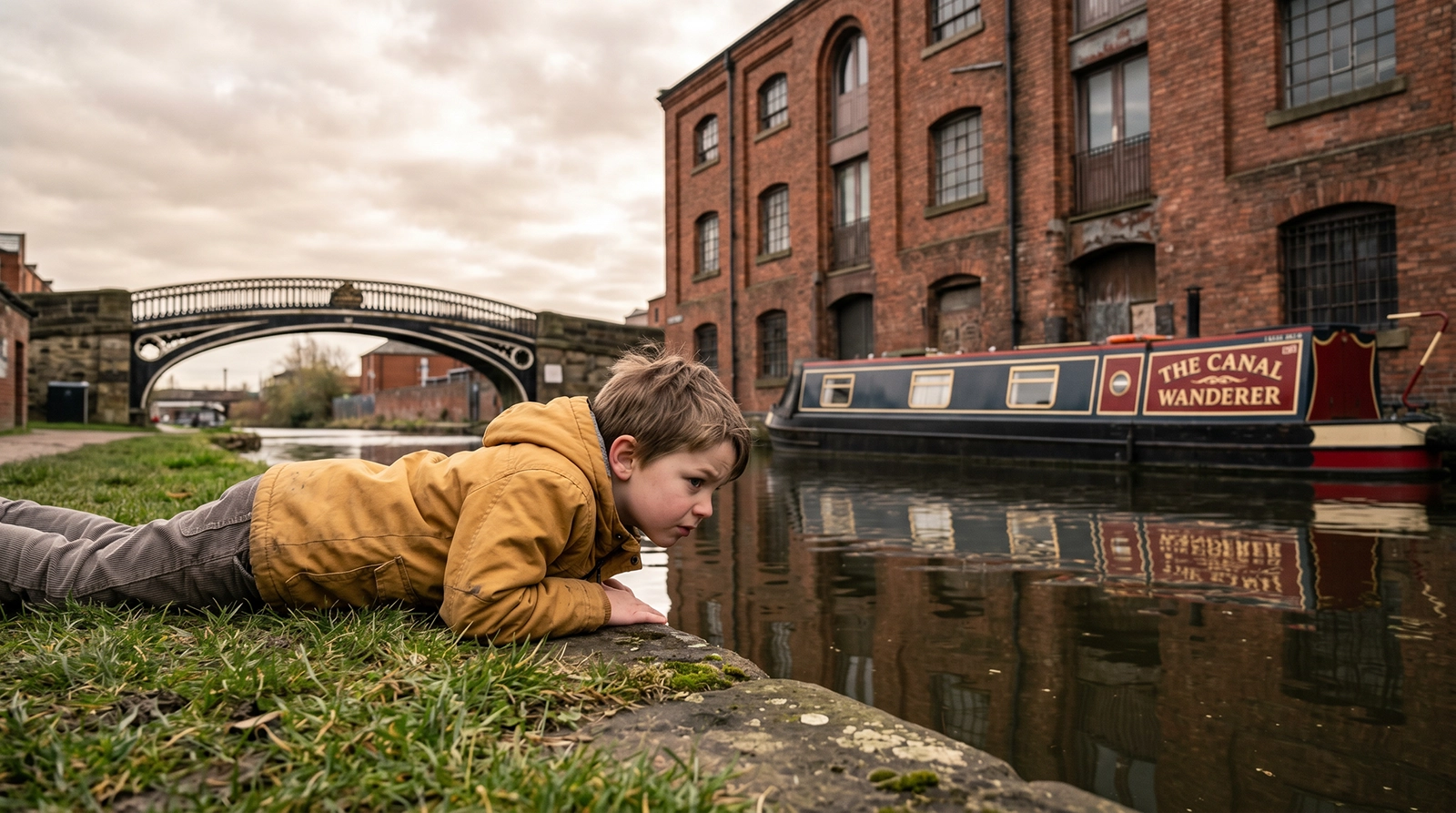 Young boy in a mustard yellow jacket lying on the canal towpath, peering intently into the still water beside a narrowboat called The Canal Wanderer, with Victorian brick warehouses and an iron bridge stretching into the distance behind him