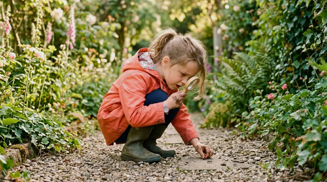 A young girl in a coral raincoat crouches on a garden path, studying the gravel through a magnifying glass