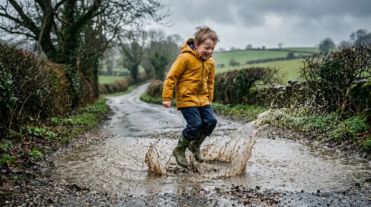 Young boy in a bright yellow waterproof jacket jumping into a deep muddy puddle on a country lane, laughing as water splashes around him, with green fields and hedgerows stretching behind him