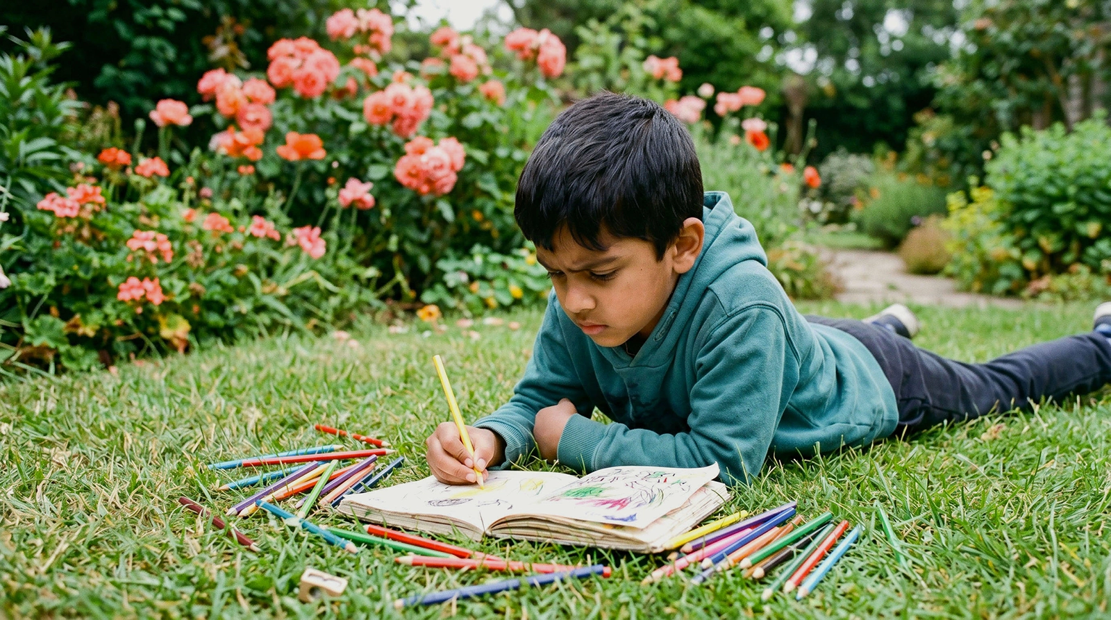 A young boy sitting at a desk writing in a journal, concentrating intently, in a warm and comfortable home setting
