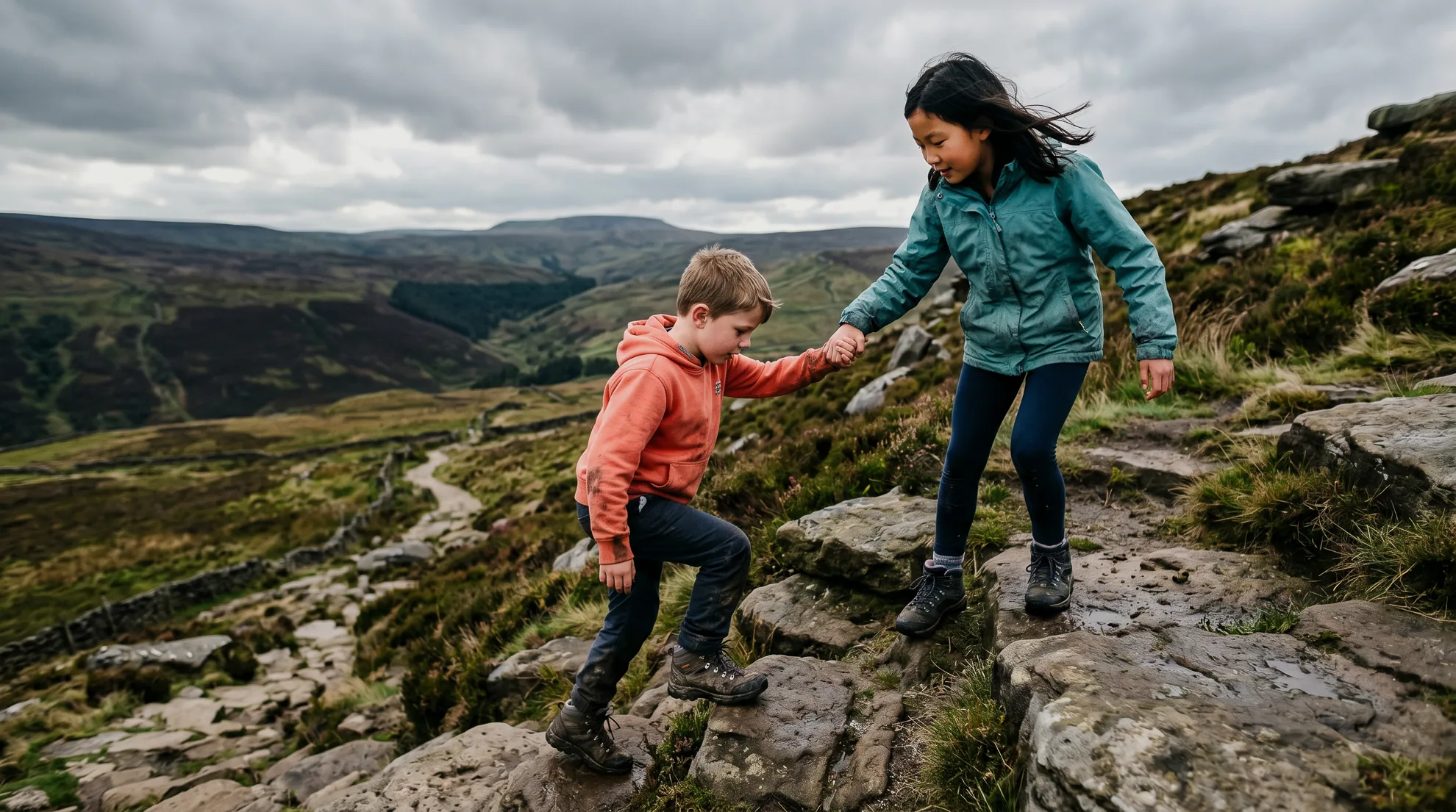 A boy and girl in walking gear help each other across rocks on a moorland hillside path