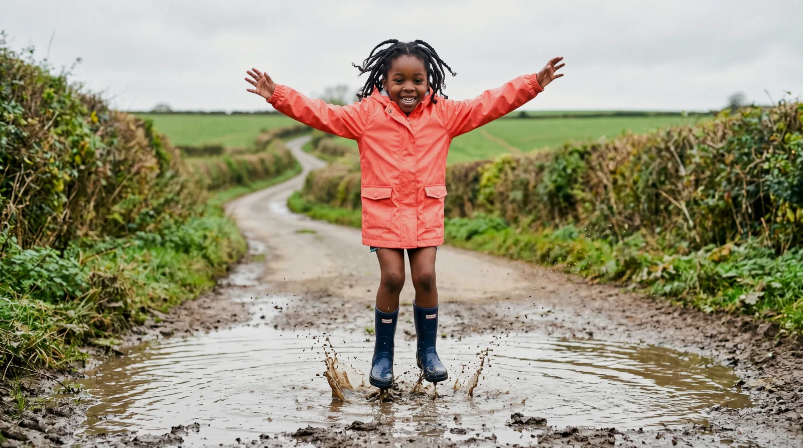 Young girl with braided hair, wearing a coral raincoat and navy wellington boots, jumping joyfully with arms raised in a muddy puddle on a rural country lane