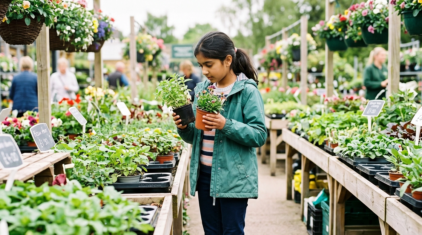 Young girl in a teal jacket carefully choosing between two potted plants at a sunny garden centre, surrounded by colourful flowers and hanging baskets